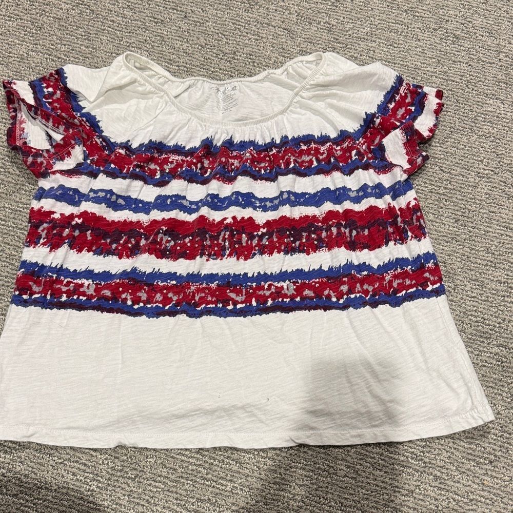 White Off-Shoulder Blouse with Red & Blue Stripes